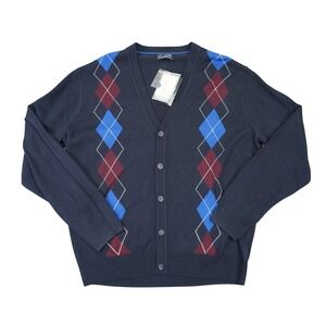 Vintage Arnold Palmer Cardigan Sweater Mens Large Navy Blue Argyle V-Neck Knit